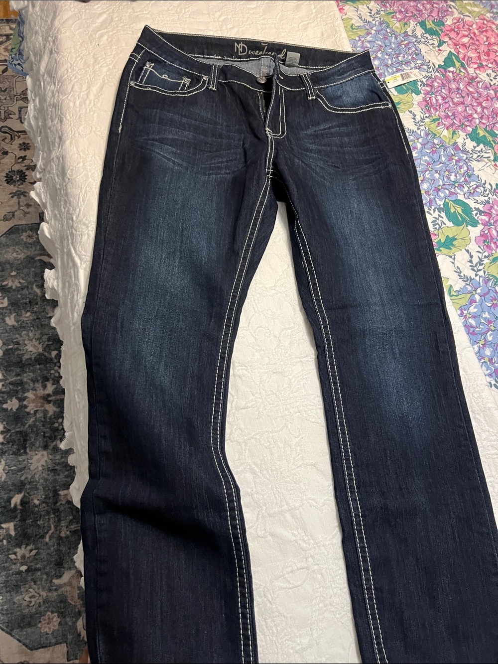 new directions Dark Indigo Bootcut Jeans with White Contrast Stitching